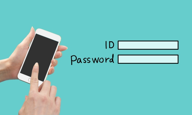 A pair of hands holding a smartphone next to login ID and password boxes.
