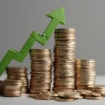 Stacks of coins gradually getting taller with an arrow from a graph climbing them.