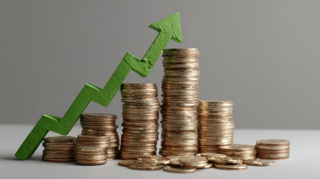 Stacks of coins gradually getting taller with an arrow from a graph climbing them.