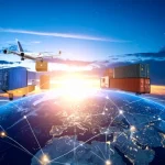 The Earth shown from outer space, but a plane and shipping container are seen.