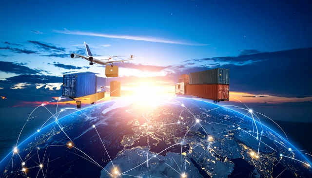 The Earth shown from outer space, but a plane and shipping container are seen.