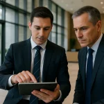 Two salarymen in suits look at a tablet together